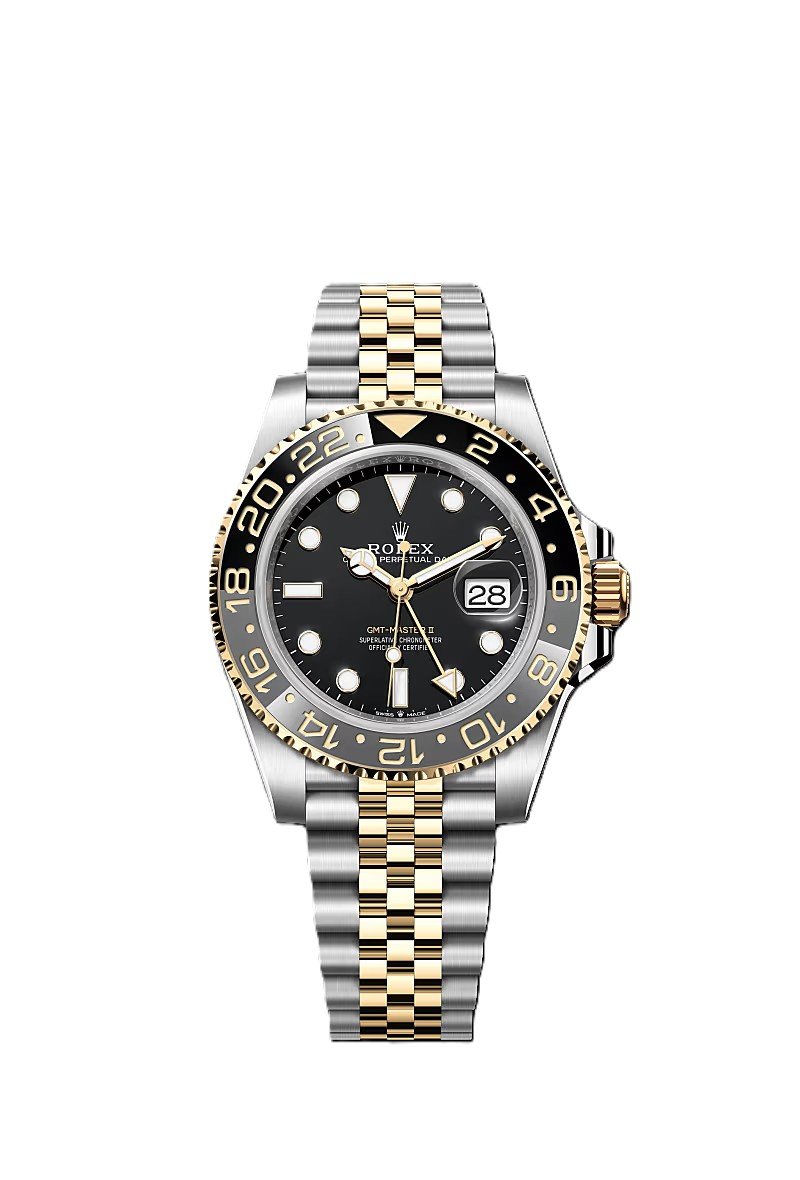 GMT-Master II yellow gold with a black dial and a Jubilee bracelet.