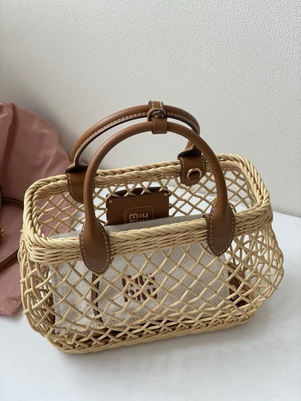 Miu Miu Woven Fabric Handbag With Leather Trim With Pouch With Dust Bag (609 Brown)(LB) - Image 5