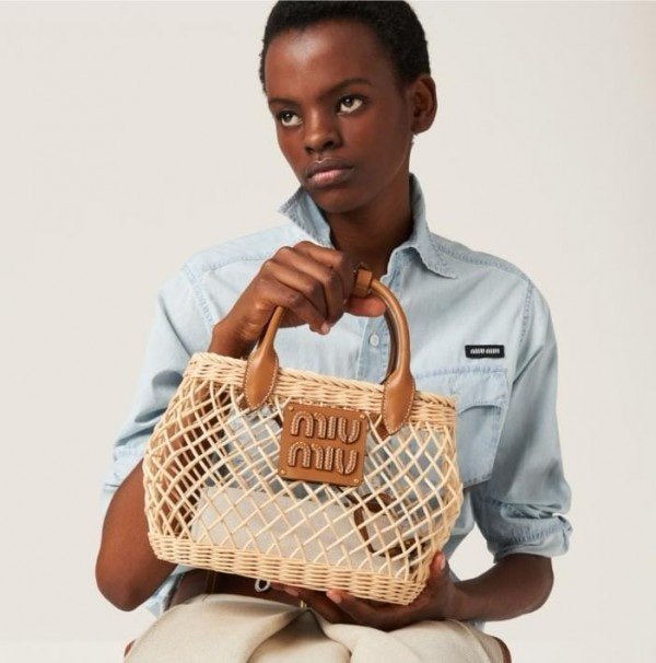 Miu Miu Woven Fabric Handbag With Leather Trim With Pouch With Dust Bag (609 Brown)(LB) - Image 3