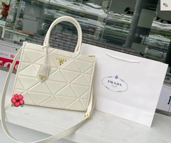 Prada Leather Symbole Tote Bag With OG Box & Dust Bag (White-891)(BSB) - Image 4