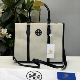 Tory Burch Blake Canvas Tote With Dust Bag TB608 Apricot Black