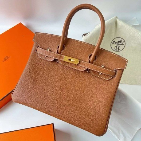 Hermes Brown Togo Leather Rose Gold Hardware Birkin Bag With Dust Bag & OG Box (BK25 Brown) - Image 3