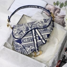 Dior Saddle Blue Toile de Jouy Embroidery With OG Box & Dust Bag (Blue Tiger-1035) (BSB)