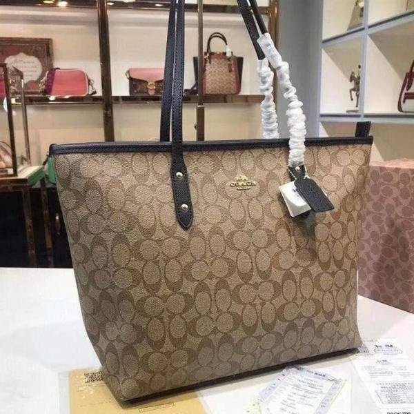 Coach Signature City Tote Bag With OG Box & Dust Bag (Beige_Black-1119)(BSB) - Image 5