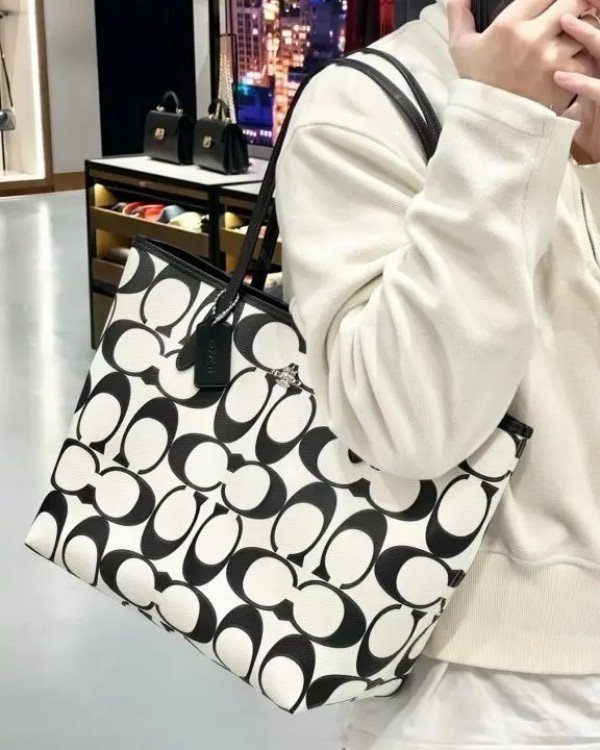 Coach Signature City Limited Edition Premium Tote Bag With OG Magnetic Box & Dust Bag (Black_White-874)(BSB) - Image 3