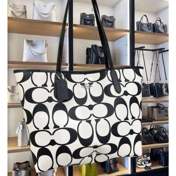 Coach Signature City Limited Edition Premium Tote Bag With OG Magnetic Box & Dust Bag (Black_White-874)(BSB) - Image 6