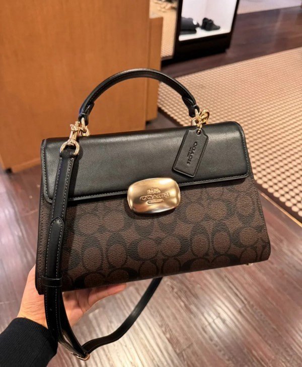 Coach Eliza Top Handle Premium Crossbody Bag With OG Magnetic Gift Box & Dust Bag (Black_Brown-913)(BSB) - Image 3