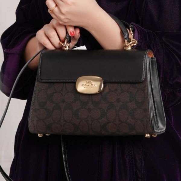 Coach Eliza Top Handle Premium Crossbody Bag With OG Magnetic Gift Box & Dust Bag (Black_Brown-913)(BSB) - Image 4