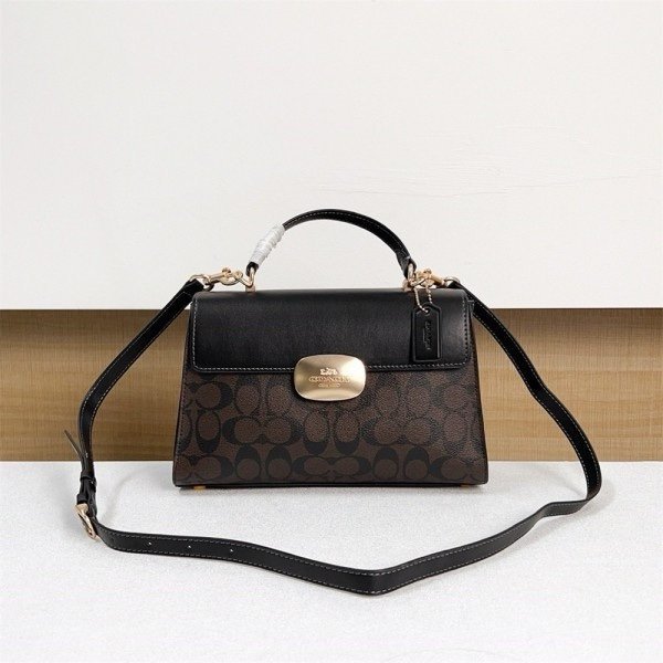 Coach Eliza Top Handle Premium Crossbody Bag With OG Magnetic Gift Box & Dust Bag (Black_Brown-913)(BSB) - Image 5