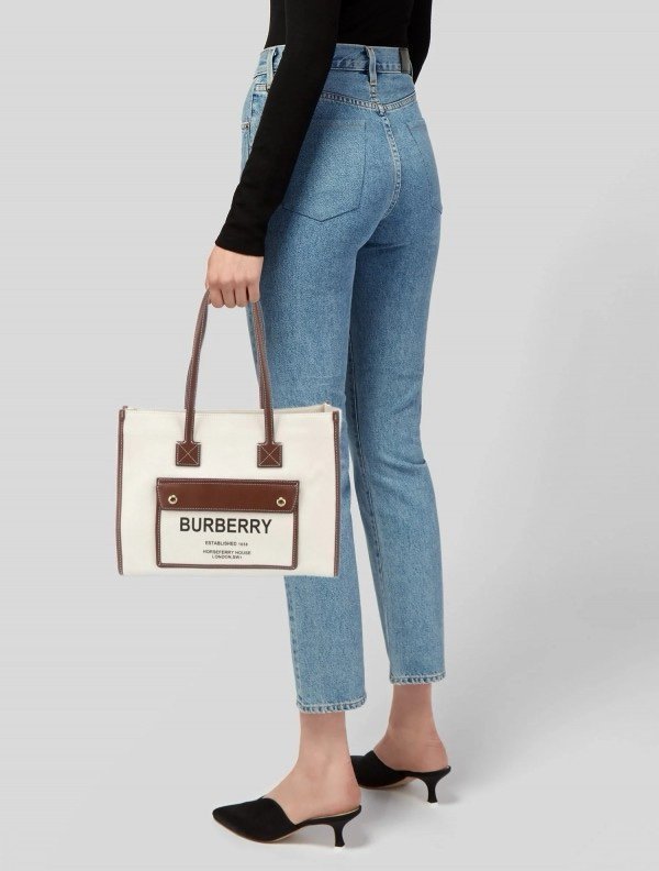 Burberry Horseferry London Tote Bag With Dust Bag (White_Brown-986)(BSB) - Image 4