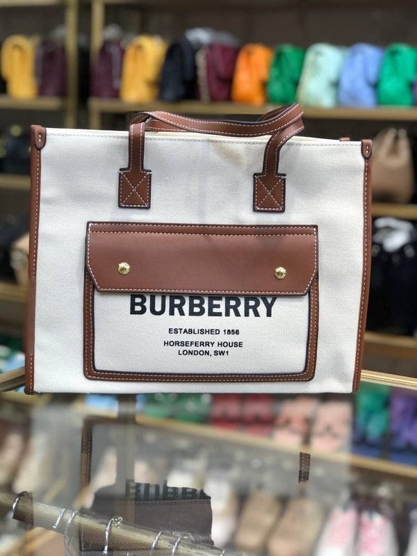 Burberry Horseferry London Tote Bag With Dust Bag (White_Brown-986)(BSB) - Image 5