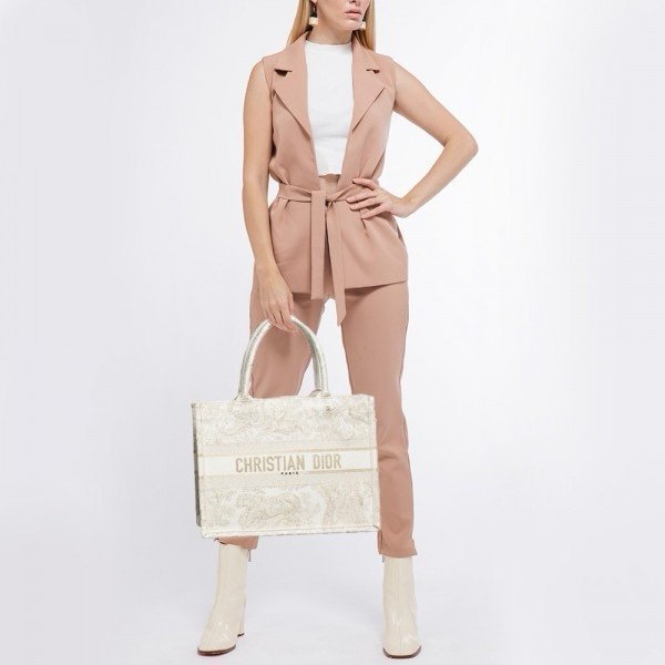 Dior Book Tote Cream Toile De Jouy With OG Box & Dust Bag & Scarf (Cream_Tiger-842)(BSB) - Image 2