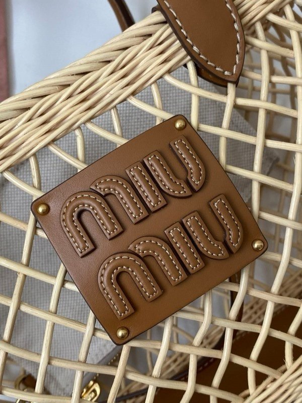 Miu Miu Woven Fabric Handbag With Leather Trim With Pouch With Dust Bag (609 Brown)(LB) - Image 4