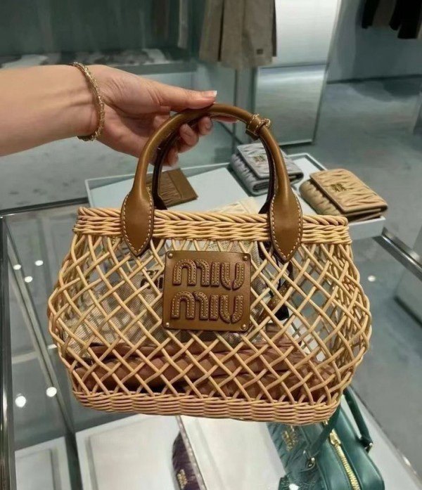 Miu Miu Woven Fabric Handbag With Leather Trim With Pouch With Dust Bag (609 Brown)(LB) - Image 7
