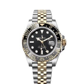 GMT-Master II yellow gold with a black dial and a Jubilee bracelet.
